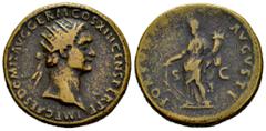 Roman Imperial Domitian. Dupondius. 87 AD. Rome. (Ric-II 1.535). (Bmcre-397 var.). Anv.: IMP CAES DOMIT AVG GERM COS XIII CENS PER P P, radiate head to right. Rev.: FORTVN(AE) AVGVSTI, Fortuna standin