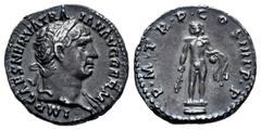 Roman Imperial Trajan. Denarius. 101-102 AD. Rome. (Ric-49 var. bust). (Bmcre-91). (Rsc-234 var. bust). Anv.: IMP CAES NERVA TRAIAN AVG GERM, laureate head right, drapery over far shoulder. Rev.: P M 