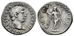 Roman Imperial Trajan. Denarius. 101-102 AD. Rome. (Ric-58). (Woytek-128b). (Bmcre-120). Anv.: IMP CAES NERVA TRAIAN AVG GERM, laureate head right. Rev.: P M TR P COS IIII P P, Victory standing facing