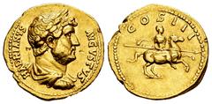 Roman Imperial Hadrian. Aureus. 125-127 AD. Rome. (Ric-II 3.773). (Bmcre-438). (C-414 bust var.). Anv.: HADRIANVS AVGVSTVS, laureate, draped and cuirassed bust to right. Rev.: COS III, emperor on hors