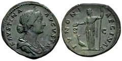 Roman Imperial Faustina Junior. Sestertius. 161-176 AD. Rome. (Ric-III 1651). (Bmcre-919). (C-142). Anv.: FAVSTINA AVGVSTA, draped bust to right. Rev.: IVNONI REGINAE, Juno standing facing, head to le
