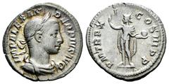 Roman Imperial Severus Alexander. Denarius. 232 AD. Rome. (Ric-IV 112). (Bmcre-855). (Rsc-427). Anv.: IMP ALEXANDER PIVS AVG, laureate, draped and cuirassed bust to right. Rev.: P M TR P XI COS III P 