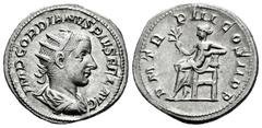 Roman Imperial Gordian III. Antoninianus. 241-243 AD. Rome. (Ric-87). Anv.: IMP GORDIANVS PIVS FEL AVG. Laureate and draped bust right. Rev.: P M TR P III COS II P P. Apollo seated left, bare to waist