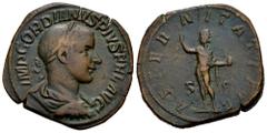 Roman Imperial Gordian III. Sestertius. 240 AD. Rome. (Ric-297a). Anv.: IMP GORDIANVS PIVS FEL AVG. Laureate, draped and cuirassed bust right. Rev.: AETERNITATI AVG. Sol standing left, raising hand an