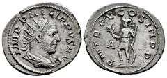 Roman Imperial Philip I. Antoninianus. 247 AD. Rome. (Ric-7). (C-145). Anv.: IMP PHILIPPVS AVG, radiate, draped and cuirassed bust right. Rev.: P M TR P V COS III P P, Mars standing left, holding oliv
