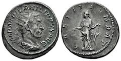 Roman Imperial Philip I. Antoninianus. 244-247 AD. Rome. (Ric-IV 36b). (Rsc-80). Anv.: IMP M IVL PHILIPPVS AVG, radiate, draped and cuirassed bust to right. Rev.: LAETIT FVNDAT, Laetitia standing to l