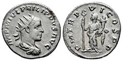 Roman Imperial Philip II. Antoninianus. 249 AD. Antioch. (Ric-IV 235). Anv.: IMP M IVL PHILIPPVS AVG. Radiate, draped and cuirassed bust right. Rev.: P M TR P VI COS P P. Felicitas standing left, hold