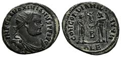 Roman Imperial Galerius. Antoninianus. 296-297 AD. Alexandria. (Ric-48b). Anv.: IMP C MAXIMIANVS P F AVG, radiate, draped and cuirassed bust to right. Rev.: CONCORDIA MILITVM, Emperor standing to righ