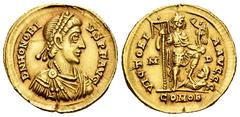 Roman Imperial Honorius. Solidus. 394-395 AD. Mediolanum. (Ric-IX 35c = X 1206a). (Depeyrot-16/2). Anv.: D N HONORIVS P F AVG, pearl-diademed, draped and cuirassed bust to right. Rev.: VICTORIA AVGGG,
