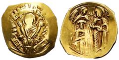 Byzantine Empire Michael VIII Ducas Angelus Comnenus Palaeologus. Hyperpyron. 1261-1282 AD. Constantinople. (Sear-2242). Anv.: Half-length figure of the Theotokos, orans, within city walls with five t