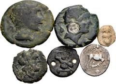 Large Lots Lot of 6 coins from ancient Greece and Hispania. Different values of various mints, Illyria Drachm and lead tessera with satyr on the front. It includes some rare ones like Castulo with a c