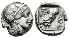 Greek Coins Attica. Tetradrachm. 454-404 BC. Athens. (Gc-2526). (Sng Cop-31). (Kroll-8). Anv.: Head of Athena right, wearing crested Attic helmet ornamented with three olive leaves above visor and spi