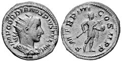 Roman Imperial Gordian III. Antoninianus. 241-243 d.C. Rome. (Ric-IV 91). Anv.: IMP GORDIANVS PIVS FEL AVG, radiate, draped and cuirassed bust to right. Rev.: P M TR P III COS II P P, emperor standing