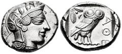 Greek Coins Attica. Tetradrachm. 454-404 BC. Athens. (Gc-2526). (Sng Cop-31). (Kroll-8). Anv.: Head of Athena right, wearing crested Attic helmet ornamented with three olive leaves above visor and spi