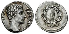 Roman Imperatorial Augustus. Denarius. 19-18 BC. Caesar Augusta (Zaragoza). (Ffc-159). (Ric-75a). (Cal-762). Anv.: CAESAR AVGVSTVS bare head of Augustus right. Rev.: OB. CIVIS above and SERVATOS below