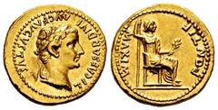 Roman Imperial Lovely specimen | Tiberius. Aureus. 14-37 AD. Lugdunum. (Ric-25). (Cohen-15). (Cal-305d). Anv.: CAESAR DIVI AVG F AVGVSTVS. Laureate head of Tiberius right. Rev.: PONTIF MAXIM. Livia (a
