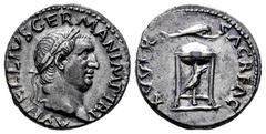 Roman Imperial Vitellius. Denarius. 69 AD. Rome. (Ric-I 109). (Bmcre-39-40). (Rsc-111). Anv.: VITELLIVS GERM IMP AVG TR P, laureate head to right. Rev.: XV VIR SACR FAC, Tripod-lebes, dolphin to right