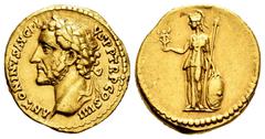 Roman Imperial Antoninus Pius. Aureus. 145-161 AD. Rome. (Ric-158e). (Calicó-1460). Anv.: ANTONINVS AVG PI – VS P P TR P COS IIII. Laureate head left. Rev.: Minerva standing left, holding Victory and 