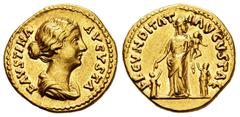 Roman Imperial Faustina Junior. Aureus. 161-176 AD. Rome. (Ric-III 679). (Calicó-2053). Anv.: FAVSTINA AVGVSTA. Draped bust right bare-headed, hair waved and fastened in a bun on back of head. Rev.: F