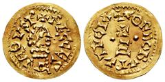 Visigothic Coins Recesvintus (649-672). Tremissis. Córdoba. (Cnv-441.6). (R. Pliego-587g). Anv.: + RECCES/V/IN⊝VSR. Rev.: + CORDOBAPATRICIA. Au. 1,35 g. Diferent style. Attractive specimen. Sharply st