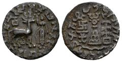 India. Post-Mauryan. Drachm. 150-80 BC. Kunindas. Amoghabuti. (Pieper-1140). Anv.: RAJNAH KUNINDASYA AMOGHABHUTISYA MAHARAJASYA ('Great King Amoghabhuti, of the Kunindas' in Brahmi) Deer standing righ