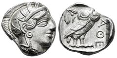 Greek Coins Attica. Athens. Tetradrachm. 454-404 BC. (Kroll-8). (Sng Cop-31). (Hgc-4,1597). Anv.: Head of Athena to right, wearing crested Attic helmet ornamented with three olive leaves above visor a