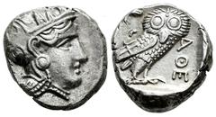 Greek Coins Attica. Athens. Tetradrachm. 353-294 BC. (Sng Cop-63). (Hgc-4,1599). Anv.: Head of Athena to right, wearing earring, necklace, and crested Attic helmet decorated with three olive leaves ov