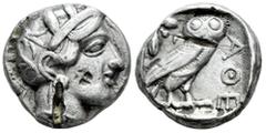 Greek Coins Attica. Athens. Fourée Tetradrachm. 454-404 BC. (Sng Cop-31). (Hgc-4,1597). Anv.: Head of Athena to right, wearing crested Attic helmet ornamented with three olive leaves above visor and s