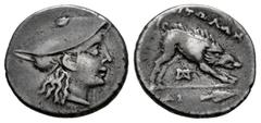 Greek Coins Aitolia League. Triobol. 225-170 BC. (Agrinion-616). (BCD-Akarnania/Aetolia 473). (Hgc-4,952). Anv.: Head of Aetolia to right, wearing kausia. Rev.: AITΩΛΩN Calydonian boar right above mon