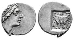Greek Coins Islands of Caria. Drachm. 88-84 BC. (Hgc-1461). Anv.: Radiate head of Helios to right. Rev.: ΜΑΗΣ / P - O. Rose within incuse square. Ag. 2,02 g. Displaced struck. Choice VF. Est...90,00. 