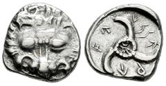 Greek Coins Dynasts of Lycia. Vekhssere II. 1/3 stater. 410-380 BC. Zagaba or Tymnessos. (Sng Cop-468). (Sng von Aulock-2401). (Podalia-9). Anv.: Facing lion's scalp. Rev.: Triskeles, with monogram in