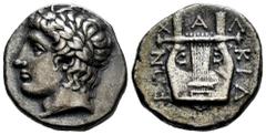 Greek Coins Macedon. Chalkidian League. Tetradrachm. 395-392 BC. Olynthos. (Robinson & Clement-Group K, 53/A37). (Sng Ans-478). (Hgc-3.1,498). Anv.: Laureate head of Apollo to left. Rev.: Kithara of s