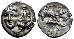 Greek Coins Moesia. Istros. Drachm. 256-240 BC. (AMNG-I.1,421 var.). (SNG BM Black Sea-253). (Hgc-3.2,1804). Anv.: Two young male heads facing, right head inverted. Rev.: IΣTPIH above sea-eagle on dol