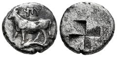 Greek Coins Thrace. Byzantion. Drachm. 340-320 BC. (SNG BM Black Sea-21). (Sng Cop-476). (Hgc-3.2, 1389). Anv.: Bull standing to left on dolphin; ΠY above. Rev.: Incuse granulated mill-sail pattern. A