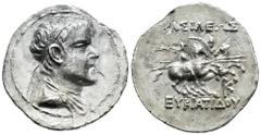 Greek Coins Greco-Baktrian Kingdom. Eukratides I Megas. Tetradrachm. 170-145 BC. (Mitchiner-168f). (Sng Ans-431). (Hgc-12,130). Anv.: Diademed and draped bust to right. Rev.: The Dioskouroi on horses 