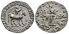 Greek Coins Indo-Skythians. Azes I. Tetradrachm. 58-12 BC. Uncertain mint in western Gandhara. (Hgc-12, 637). (Senior-98.354T). Anv.: BAΣIΛEΩΣ BAΣIΛEΩN MEΓAΛOY / AZOY King on horseback to right, raisi