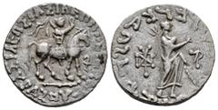 Greek Coins Indo-Skythians. Azes I. Tetradrachm. 58-12 BC. Western Gandhara. (Hgc-12,638). (Senior-99.23T). Anv.: BAΣIΛEΩΣ BAΣIΛEΩN MEΓAΛOY AZOY, Skythian king on horseback to right, holding whip alof