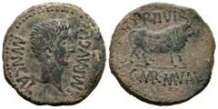Celtiberian Coins Calagurris. Augustus period. Unit. 27 BC - 14 AD. Calahorra (La Rioja). (Abh-415). (Acip-3121). Anv.: MVN. CALAG. IMP. AVGVSTVS. Bare head of Augustus right. Rev.: Bull right, PR. II