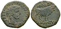 Celtiberian Coins Cascantum. Time of Tiberius. Unit. 14-36 BC. Cascante (Navarra). (Abh-690). (Acip-3159). Anv.: TI. CAESAR. DIVI. AVG. F. AVGVSTVS. Laureate head of Tiberius right. Rev.: Bull right, 