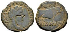 Celtiberian Coins Cascantum. Time of Tiberius. Unit. 14-36 BC. Cascante (Navarra). (Abh-691). (Acip-3157). Anv.: TI. CAESAR. DIVI. AVG. F. AVGVSTVS. Laureate head of Tiberius right. Rev.: Bull right, 