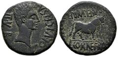 Celtiberian Coins Kelse-Celsa. Augustus period. Unit. 27 BC - 14 AD. Velilla de Ebro (Zaragoza). (Abh-804). (Acip-1501). Anv.: COL. V. I. CELSA. II. VIR. Head of Augustus right. Rev.: Bull right, L. P