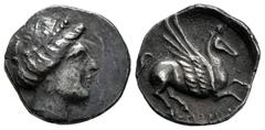 Celtiberian Coins Emporiton-Emporion. Drachm. 200-110 BC. L'Escala, Ampurias (Girona). (Abh-1108). (MIB-1/215d). (Acip-195). Anv.: Persephone-Arethusa head right, three dolphins around. Rev.: Pegasus,