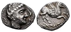 Celtiberian Coins Emporiton-Emporion. Drachm. 200-110 BC. L'Escala, Ampurias (Girona). (Abh-1108). (Acip-165). (C-16). Anv.: Persephone-Arethusa head right, three dolphins around. Rev.: Pegasus, with 