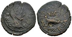 Celtiberian Coins Arse-Saguntum. Time of Tiberius. Unit. 14-36 AD. Sagunto (Valencia). (Abh-2091). (Acip-3237). Anv.: TI. C(AESAR. DIVI. AV)G. F. AVG. around head of Tiberius right. Rev.: Ship, SAG ab