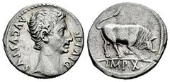 Roman Imperatorial Augustus. Denarius. 15-13 BC. Lugdunum. (Ffc-108). (Ric-167a). (Cal-826). Anv.: AVGVSTVS DIVI. F. bare head of Augustus right. Rev.: IMP. X. in exergue, bull butting right. Ag. 3,80