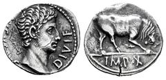 Roman Imperatorial Augustus. Denarius. 15-13 BC. Lugdunum. (Ffc-108). (Ric-167a). (Cal-826). Anv.: (AVGVSTVS) DIVI. F. bare head of Augustus right. Rev.: IMP. X. in exergue, bull butting right. Ag. 3,