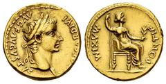 Roman Imperial Tiberius. Aureus. 14-37 AD. Lugdunum. (Ric-I 27). (Bmcre-39). (Cal-305a). Anv.: TI CAESAR DIVI AVG F AVGVSTVS, laureate head to right. Rev.: PONTIF MAXIM, Livia, as Pax, seated to right