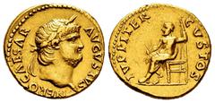 Roman Imperial Nero. Aureus. 64-65 AD. Rome. (Ric-I 52). (Bmcre-67). (Bn-213/21). Anv.: NERO CAESAR AVGVSTVS, laureate head to right. Rev.: IVPPITER CVSTOS, Jupiter seated to left, holding thunderbolt