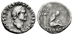Roman Imperial Vespasian. Denarius. 69-70 AD. Rome. "Judaea Capta" Commemorative. (Ric-II 1.4). (Rsc-43). (Hendin-6510). Anv.: IMP CAESAR VESPASIANVS AVG. Laureate head to right. Rev.: IVDAEA Judaea s