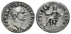 Roman Imperial Vespasian. Denarius. 70 AD. Rome. (Ric-II 1 29). (Bmcre-26). (Rsc-94h). Anv.: IMP CAESAR VESPASIANVS AVG, laureate head to right. Rev.: COS ITER TR POT, Pax seated to left, holding bran